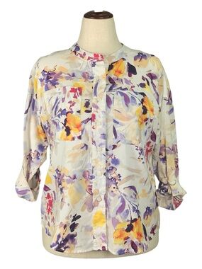 Zac & Rachel Floral Watercolor Button-Front Blouse Floral Print Cotton Small